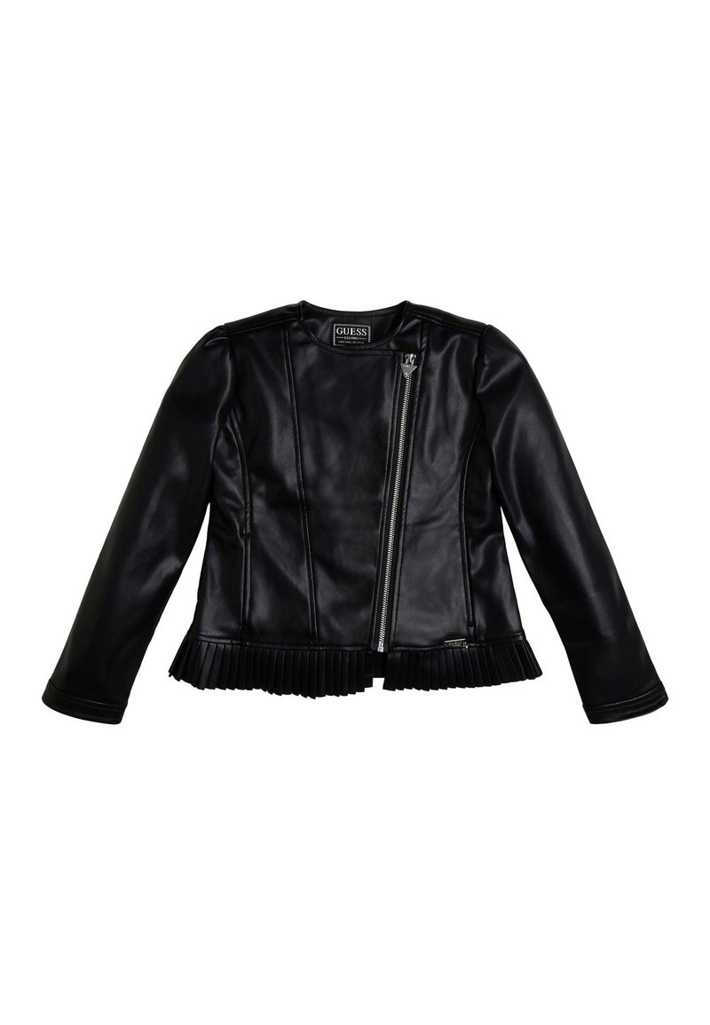 Czarna skórzana kurtka z długimi rękawami, z suwakiem z przodu i plisowanym dołem. Gładka tekstura i strukturalny design bez ozdób.