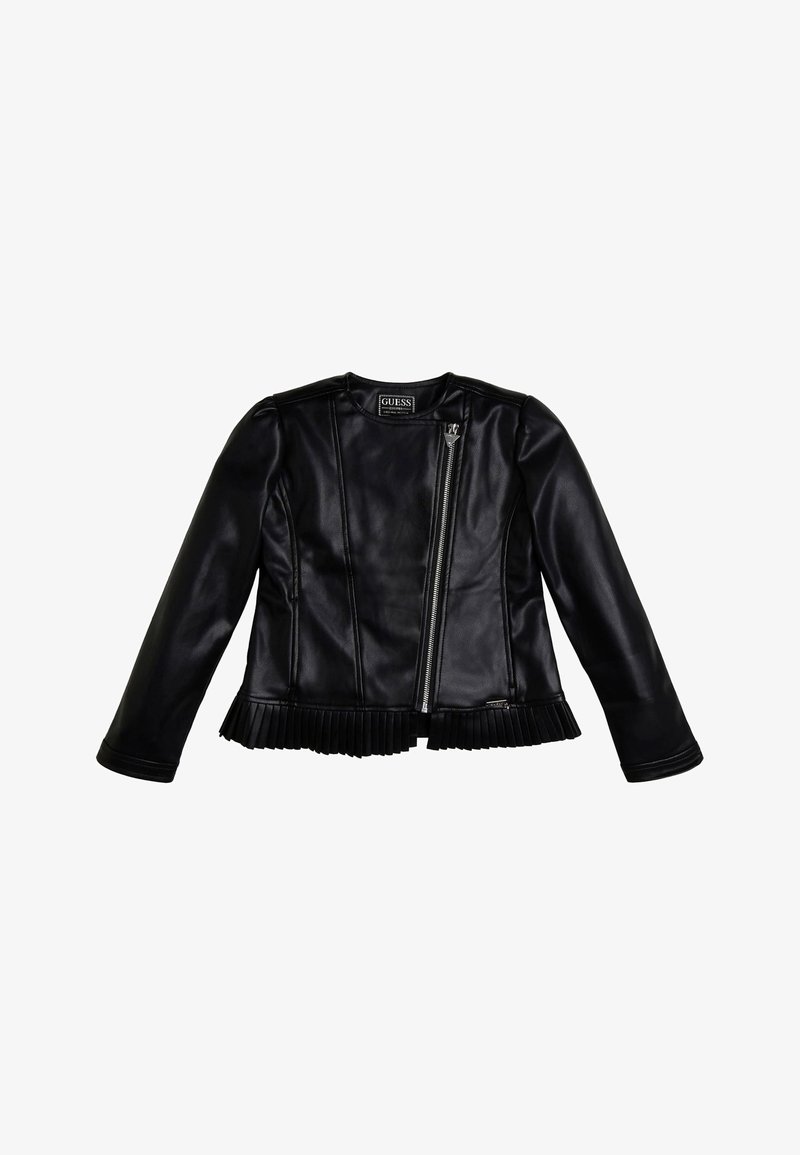 Czarna skórzana kurtka z długimi rękawami, z suwakiem z przodu i plisowanym dołem. Gładka tekstura i strukturalny design bez ozdób.