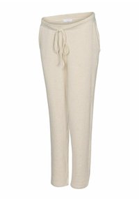 Beige joggers gjorda av ett mjukt, strukturerat material, med en elastisk midja och dragsko samt sidofickor. Skräddarsydd, avslappnad passform.