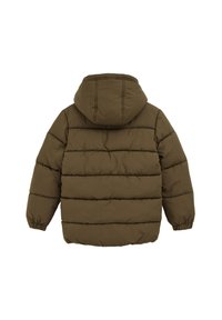 Zeleno puffer jakno s kapuco, ki ima vodoravno šivanje, elastične manšete in gladko teksturo. Zadnji pogled prikazuje sproščen kroj.