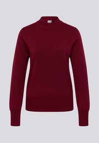 Bordeauxroter Strickpullover mit hohem Kragen, langen Ärmeln sowie gerippten Bündchen und Saum. Glatte Textur, tailliertes Design und keine sichtbaren Muster.