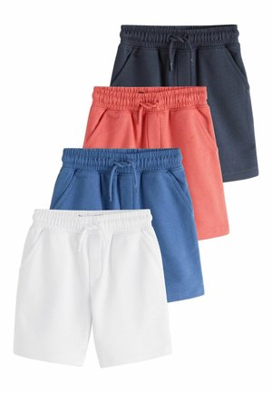 Vier Paare Shorts mit elastischem Bund, gestapelt in den Farben Weiß, Blau, Koralle und Dunkelblau, jeweils mit vorne liegenden Taschen und Kordelzügen.