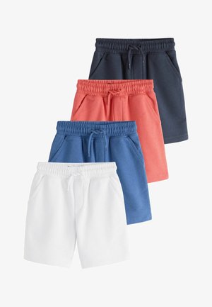 Vier Paare Shorts mit elastischem Bund, gestapelt in den Farben Weiß, Blau, Koralle und Dunkelblau, jeweils mit vorne liegenden Taschen und Kordelzügen.