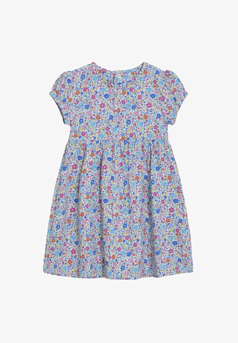 Blumenkleid mit kurzen Puffärmeln, mit einem blauen Hintergrund, verziert mit mehrfarbigen Blumen und einer gerafften Taille.