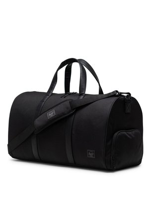Borsa a duffle nera realizzata in tessuto resistente con dettagli in pelle, dotata di manici doppi, tracolla regolabile e una tasca laterale con zip.
