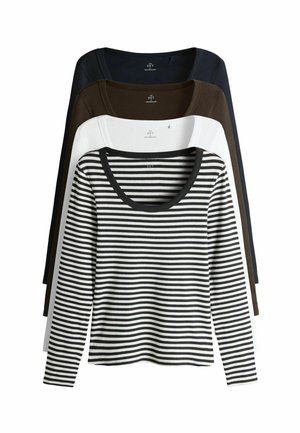 Long-sleeve shirts in cotton: black and white striped front with solid dark brown, navy, and white backs, featuring scoop necklines.