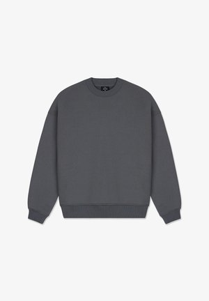 Grauer Hoodie mit Rundhalsausschnitt, langen Ärmeln und gerippten Bündchen und Saum. Aus einem strukturierten Stoff gefertigt, mit minimalen Designdetails.