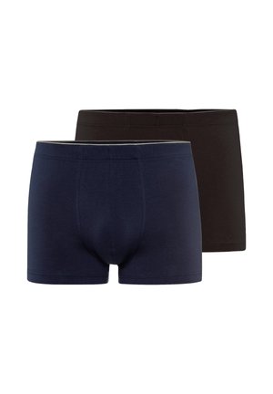Deux paires de boxers pour hommes en coton, une bleu marine à l'avant et une noire à l'arrière, design uni avec ceintures élastiques.
