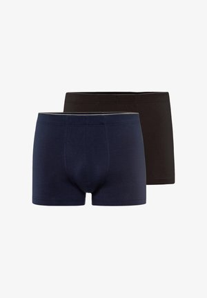 Due paia di boxer da uomo in cotone, uno blu navy davanti e uno nero dietro, design semplice con fascia elastica in vita.