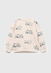 Felpa beige chiaro con stampe grafiche di personaggi dei cartoni animati in verde. Presenta un colletto e polsini a coste, una vestibilità rilassata e una texture morbida.