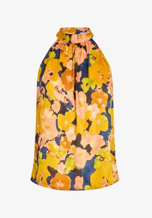 Bloemen haltertop in levendige gele, oranje en blauwe tinten. Kenmerkt een geplooide halslijn en textuurstof met een losvallend ontwerp.