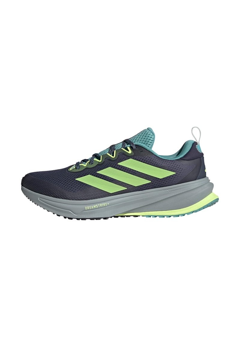 Scarpa da corsa blu navy con dettagli azzurri, tre strisce verdi sui lati, tomaia in rete, colletto imbottito e suola testurizzata.