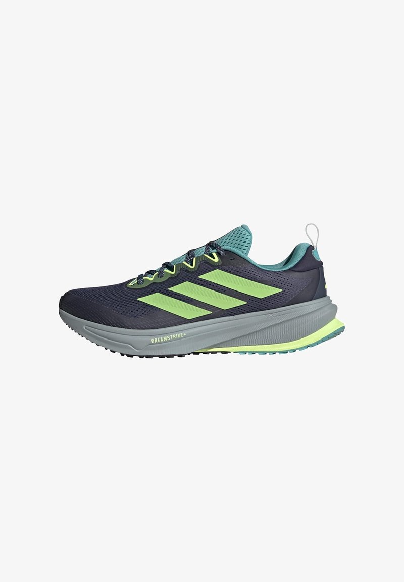 Navy blue running shoe with light blue accents, three green stripes on the side, mesh upper, padded collar, and textured sole.