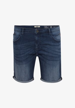 Șorturi din denim închis, cu un aspect uzat în față, tiv rulat și design clasic cu cinci buzunare. Se închide cu un buton metalic și are un tiv cu marcă.