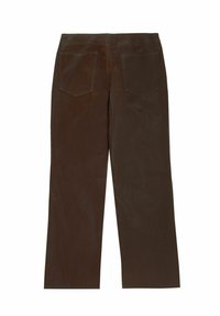 Bruine, hooggewaisted broeken gemaakt van een gladde stof, met twee achterzakken en een recht model.