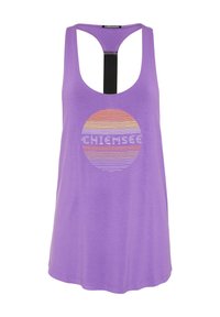 Purple tank top with a scoop neckline, racerback design, and a circular graphic featuring horizontal stripes in orange and white.