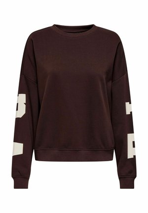 Brown sweatshirt with long sleeves, a round neck, and white graphic detail on both sleeves. Smooth texture and relaxed fit.