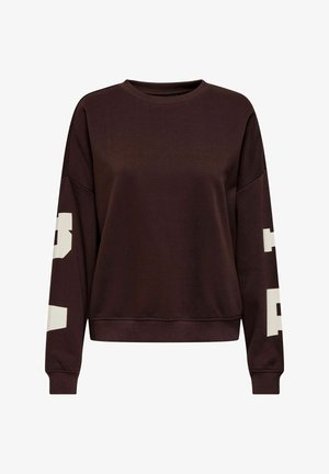 Brown sweatshirt with long sleeves, a round neck, and white graphic detail on both sleeves. Smooth texture and relaxed fit.