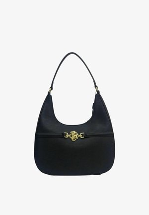 Borsa hobo in pelle nera con forma curva, dettagli in metallo dorato e logo decorativo. Texture liscia con una tracolla singola.