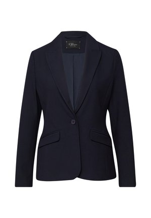Blazer bleu marine avec une fermeture à un bouton, des revers crantés, deux poches avant et une texture de tissu lisse. Léger et coupe ajustée.