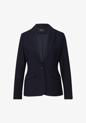 Blazer bleu marine avec une fermeture à un bouton, des revers crantés, deux poches avant et une texture de tissu lisse. Léger et coupe ajustée.
