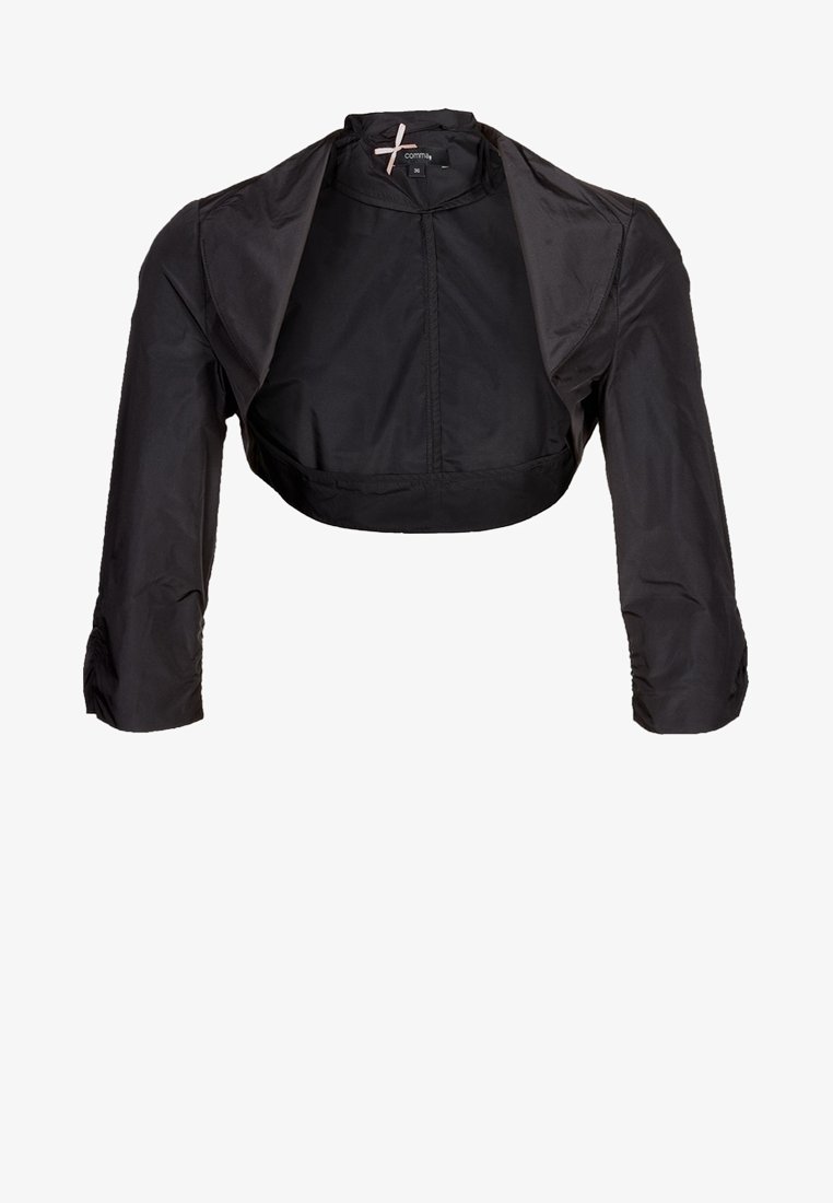 Veste boléro noire courte avec manches longues et col ouvert à l'avant, taille 36, en tissu brillant.
