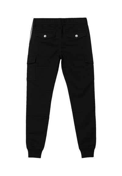 Pantaloni cargo neri con cintura elastica, dotati di due tasche posteriori e tasche cargo laterali, texture liscia e vestibilità affusolata alle caviglie.