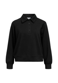 Schwarzer Pullover mit Kragen, Knopfleiste mit fünf Knöpfen und Raglanärmeln. Hergestellt aus weichem Stoff mit einer lockeren Passform und gerippten Bündchen.