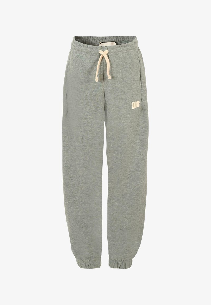 Lysegrå sweatpants lavet af blødt stof, med elastisk talje, snøre og ribbede manchetter. Et lille logo trykt i beige.