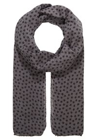 Écharpe grise avec un motif d'étoiles noires. Fabriquée en tissu léger, elle offre une texture douce et est en forme de boucle pour un port facile.
