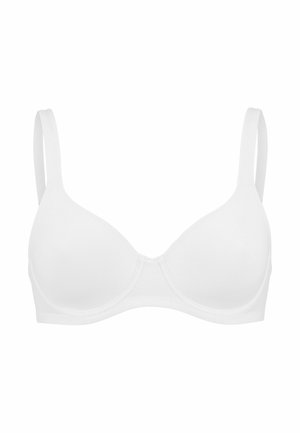 Valkoinen pehmustettu rintaliivit säädettävillä olkaimilla, sileä pinta ja saumaton muotoilu. Sisältää klassisen alasuunnittelun tuen tarjoamiseksi.