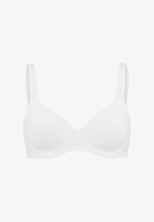 Hvid polstret bh med justerbare stropper, glat tekstur og sømløst design. Har en klassisk undertrøje konstruktion for støtte.
