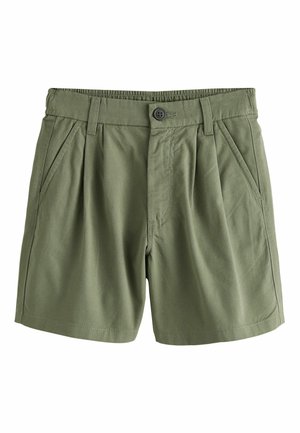 Oliven grønne casual shorts med knaplukning, bæltestropper, sidelommer og plisseret frontdetalje.