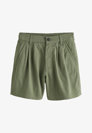 Oliven grønne casual shorts med knaplukning, bæltestropper, sidelommer og plisseret frontdetalje.