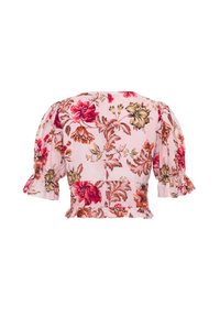 Blumenmuster-Bluse mit kurzen Ärmeln aus leicht rosafarbenem Stoff, mit Puffärmeln, Rüschensaum und aufwändigen floralen Mustern in Rot- und Beigetönen.