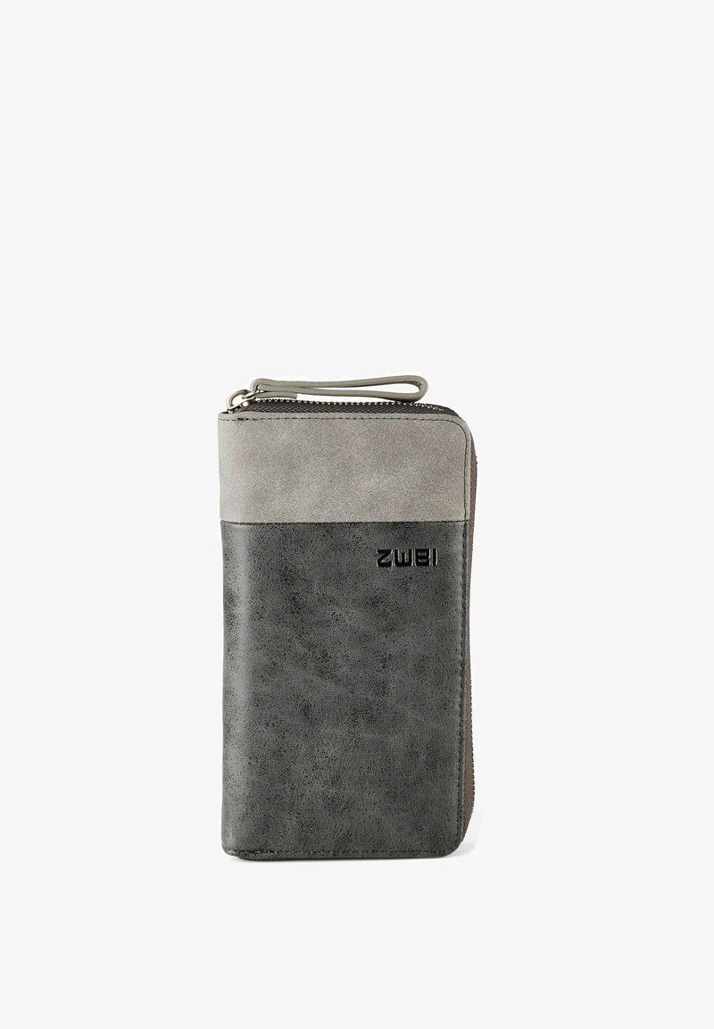 Portefeuille bicolore gris et gris foncé avec fermeture éclair, bracelet pour poignet et logo "ZWEI" sur la poche avant.