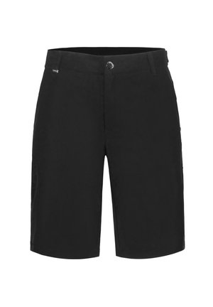 Shorts noirs mi-genoux avec fermeture à boutons, passants pour ceinture et poches latérales, présentés sur un fond blanc.