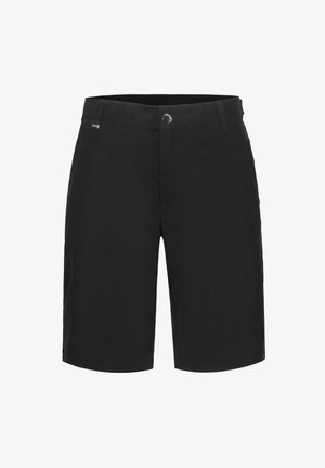 Pantalones cortos negros hasta la rodilla con cierre de botones, trabillas para cinturón y bolsillos laterales, presentados sobre un fondo blanco.