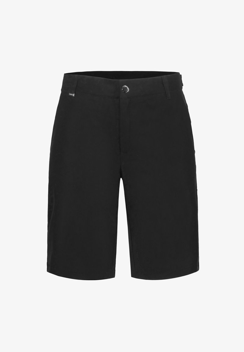 Sorte knælange shorts med knaplukning, bæltestropper og sidelommer, vist på en hvid baggrund.