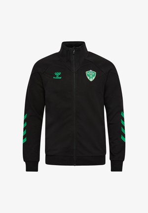 Zwarte jas met ritssluiting en groene accenten. Voorzien van een hoge kraag, een logo op de linkerborst en groene chevronpatronen op de mouwen.