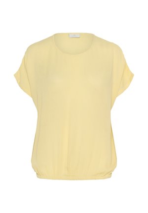 Top a maniche corte e collo rotondo in morbido tessuto giallo chiaro. Presenta una vestibilità ampia con orlo arricciato per una silhouette rilassata.