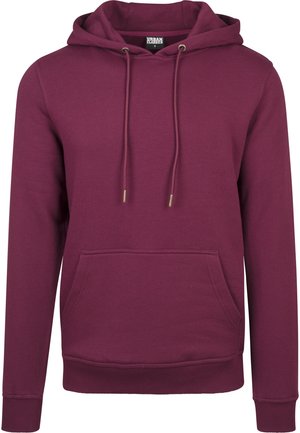 Burgunder farge genser med hette i mykt materiale, med en frontlomme, justerbar snorhette og ribbestrikkede mansjetter og nederkant.