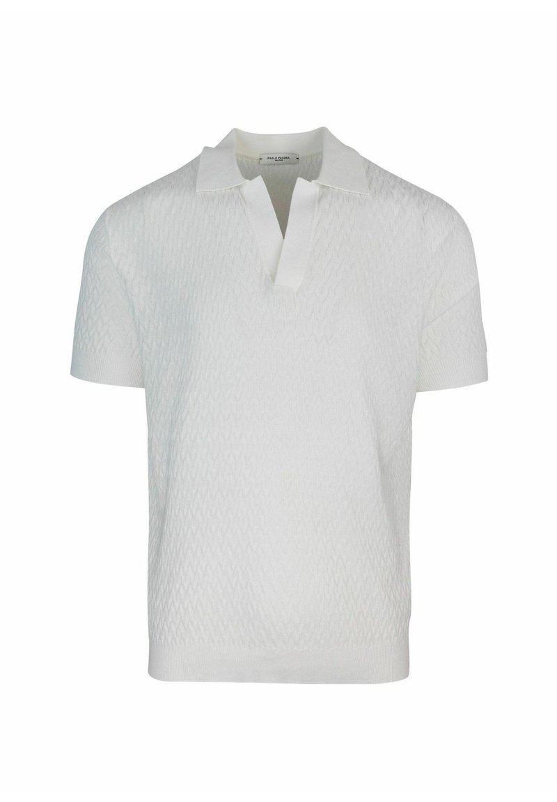 Polo shirt bianco a maniche corte con un motivo a diamante texturizzato, caratterizzato da un colletto classico e una patta con bottoni parziale. Materiale in misto cotone.