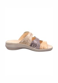 Mule sandal featuring three overlapping straps in light beige, taupe, and dark brown satin-like materials, with a low, cushioned gray sole.