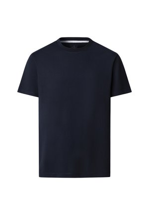 Krátke tričko tmavomodrej farby s okrúhlym výstrihom a krátkymi rukávmi, vyrobené z hladkej tkaniny, zobrazené na bielom pozadí.