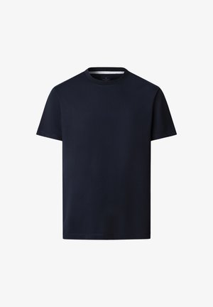 Marineblaues T-Shirt mit kurzen Ärmeln und Rundhalsausschnitt aus glattem Stoff, auf weißem Hintergrund präsentiert.