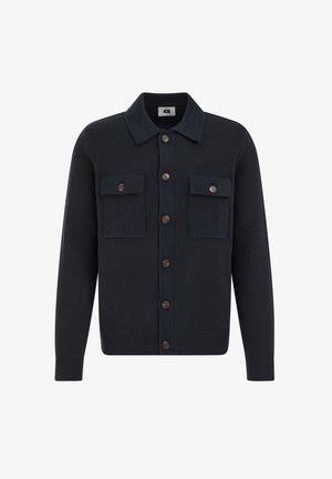 Navy cardigan gemaakt van een textuur gebreide stof, met een kraaghals, sluiting met knopen aan de voorkant en twee borstzakken met klepdetails.