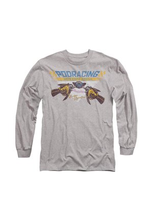Langärmliges, graues T-Shirt mit Grafiken von Rennblastern und dem Text "PODRACING MOS ESPA ARENA" in Blau und Gelb in einem verspielten Design.