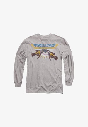 Langärmliges, graues T-Shirt mit Grafiken von Rennblastern und dem Text "PODRACING MOS ESPA ARENA" in Blau und Gelb in einem verspielten Design.