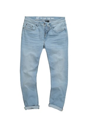 Jeans in denim blu chiaro con una vestibilità rilassata, caratterizzati da un'apertura con bottoni, cinque tasche e orli arrotolati. Leggera scoloritura sulla parte superiore delle cosce.